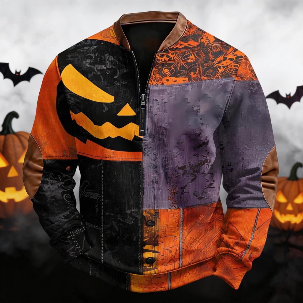 Men's Casual Retro Half Zip Long Sleeve Sweatshirt with Halloween Print