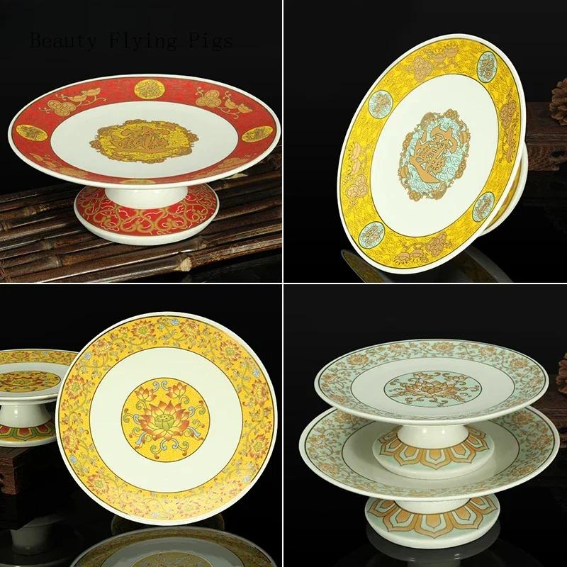 1 Pcs Ceramic Colored Painting for Fruit Plate Lotus Flower High Leg  Sum Tribute Dish Buddhist Hall Supplies Buddhist Offerings
