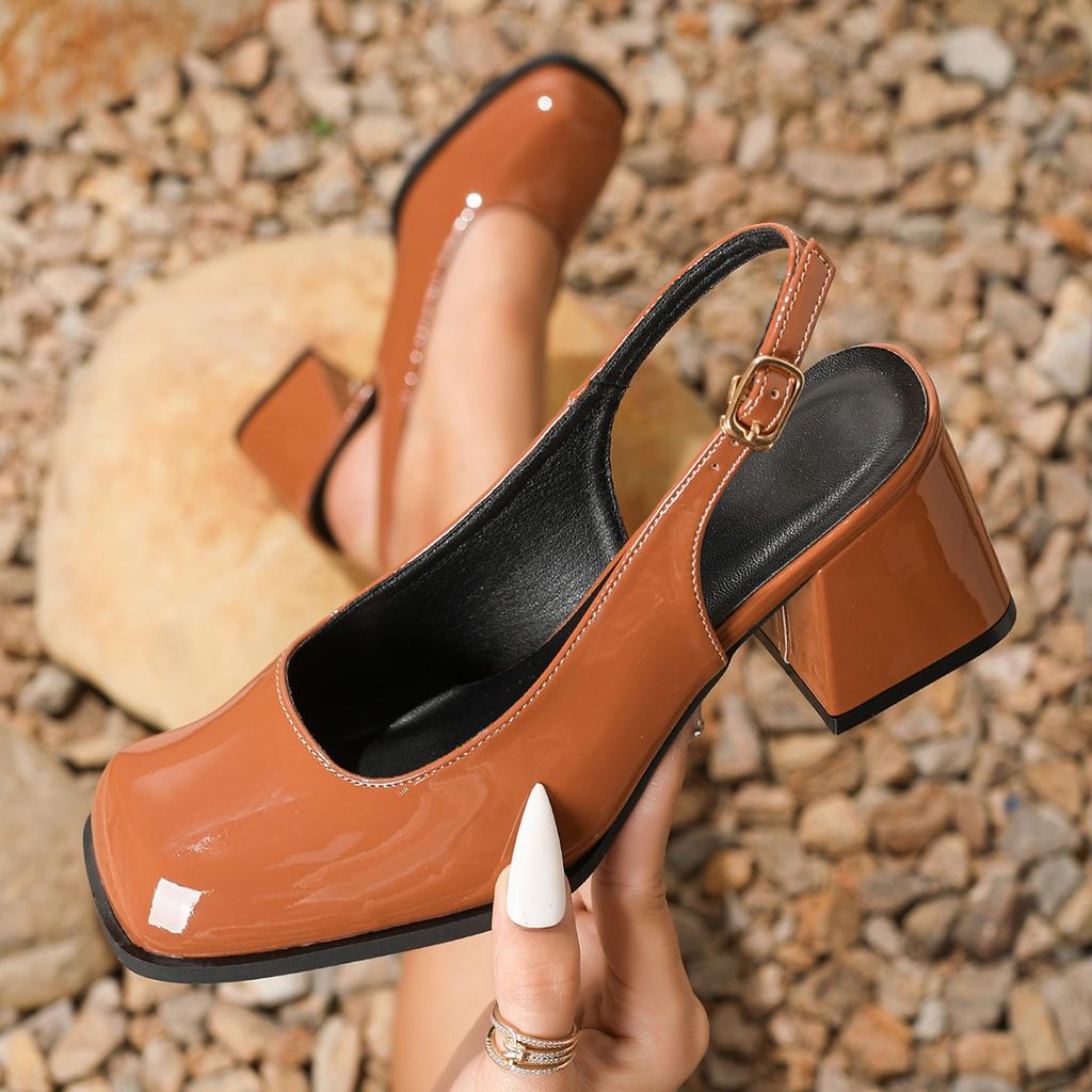 Size36-45 Women Slingback Chunky Heel Comfort Square Toe Pumps Mary Jane Baotou Women Sandals Summer Thick Heels High Heel Shoes