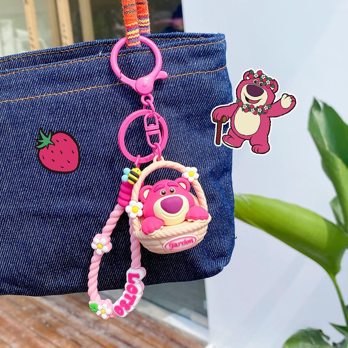Disney Strawberry Bear Keychain Cute Girls Backpack Pendant Garden Theme Disney Official Creative New Product Cute Accessories