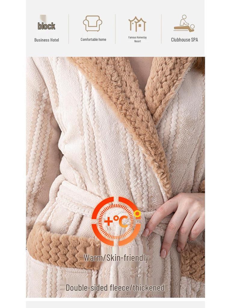 Couple's Coral Fleece Pajama Set: Women's & Men's Long, Thick, Warm Bathrobe for Autumn & Winter