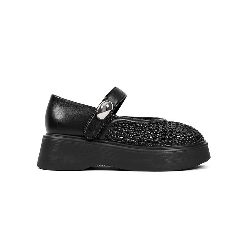 

Летняя обувь 2025 лето новая круглая голова толстая подошва 5,5 см плетеная сетка дышащие туфли Мэри Джейн увеличивающие рост одинарные туфли 40