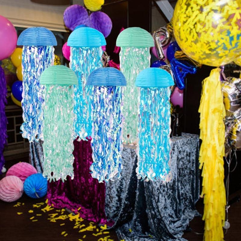 Set of 6 Ocean Theme Jellyfish Paper Hangings Colorful Hanging Decoration for Birthday Parties and Baby Showers