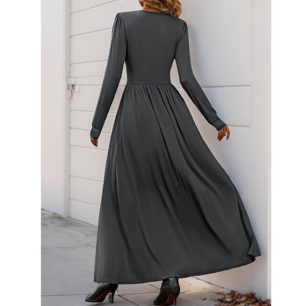 Vestido Feminino da Moda Casual Cor Sólida Renda Decote V Ajustado Manga Longa