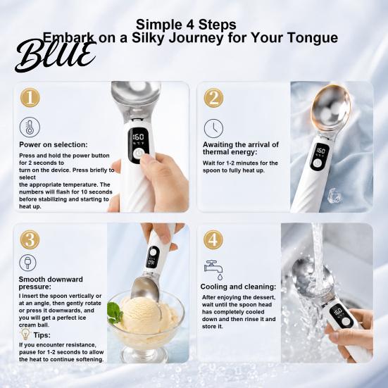 Robuster Zinklegierungs-Löffel für gefrorenes Eis mit LED-Anzeige, wiederaufladbarer, selbstwärmender Löffel, zum Servieren von Gelato für hartes Eis, ergonomisches Dessert