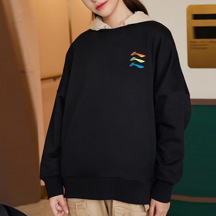 Li Ning Sports Lifestyle Series Logo Embroidered Fleece Loose Round Neck Pullover Sweatshirt Women Sweatshirt Black AWDRF42-2