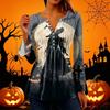 Women's Halloween Print V-Neck Long Sleeve T-Shirt with Sleeves and Pleated Button Front