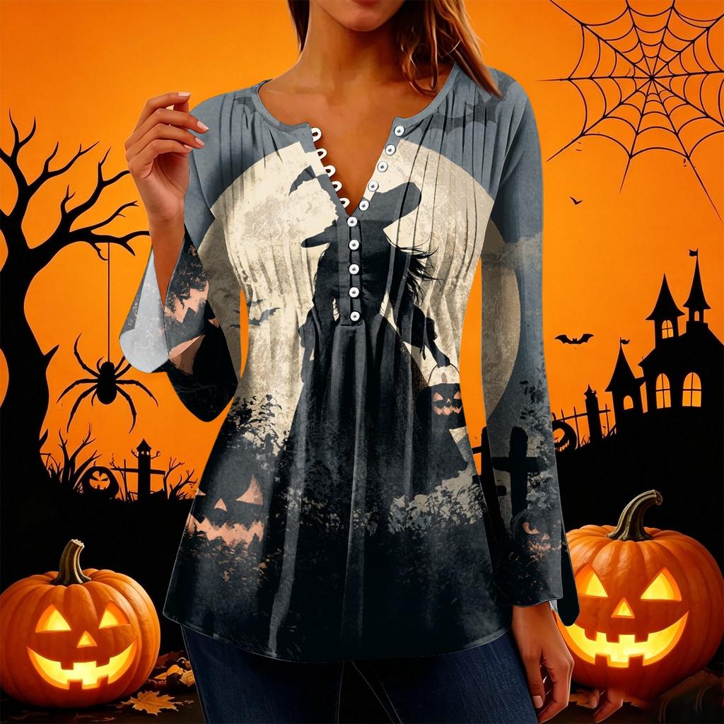 Women's Halloween Print V-Neck Long Sleeve T-Shirt with Sleeves and Pleated Button Front