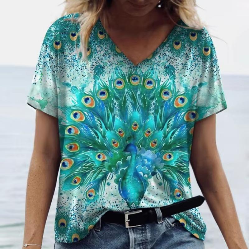 Summer V Neck Women T-Shirts 3D Print Peacock Feather Graphic Fashion Short Sleeve Harajuku Y2k Top Oversized Casual Female T Shirt