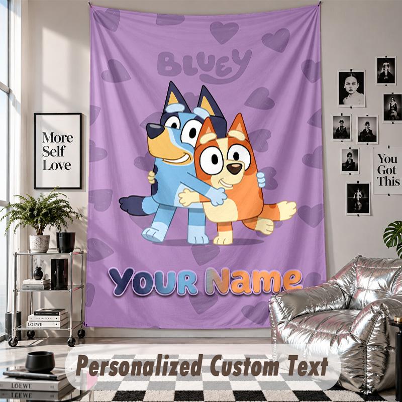 Wall Hanging Tapestry With Custom Name & Text, Bluey Decorative Tapestry For Bedroom
