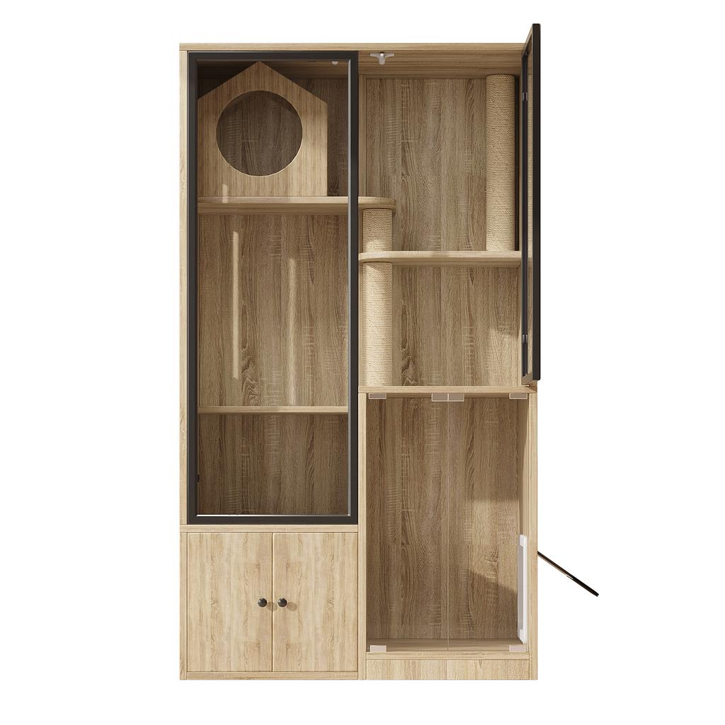 Cat Villa, Indoor Cat House, Chinchilla Cage, with Small Entry and Exit Door (Lockable), Wood-Colored, 90 x 50 x 160 cm, without Cat Litter Box
