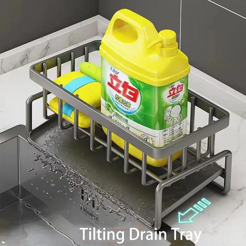 

Over-sink dish rack organizer, rustproof steel sponge holder with soap dispenser and sponge shelf, no-drill clamp mount design светло-серый