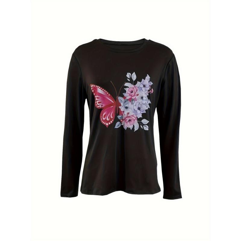 T-Shirt mit Schmetterlings- und Blumendruck, lässiges Langarm-Oberteil für Frühling und Herbst, Damenbekleidung