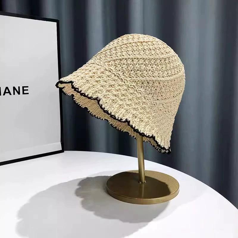 Color knitted hollow breathable bucket hat women's summer outdoor face small sunshade bucket hat women's basin hat