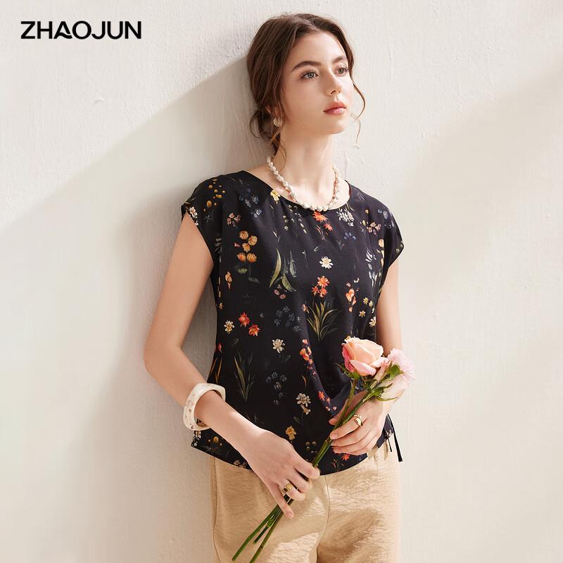 Zhaojun 2026 Silk Printed Short-Sleeve Tie-Waist Top L