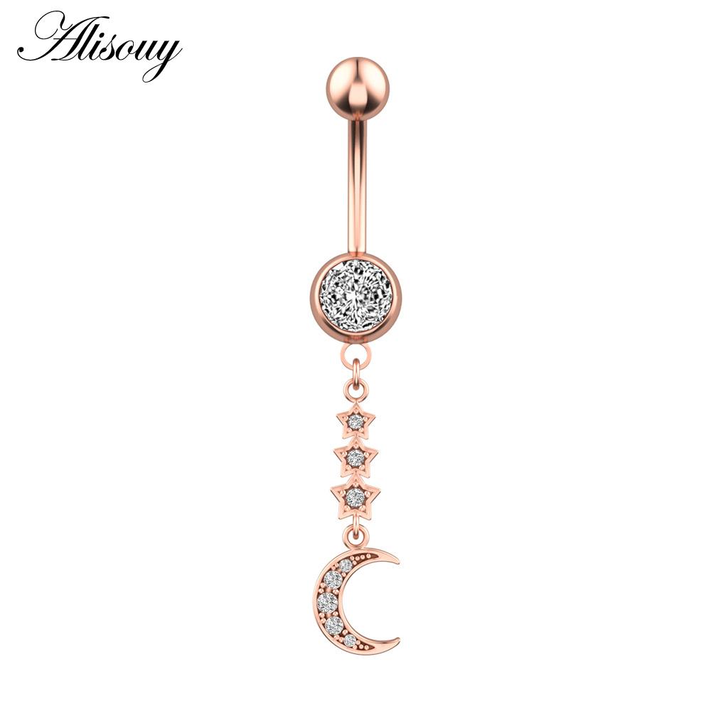 Alisouy 1pc Surgical Steel Crystal Zircon Star Butterfly Moon Stones Dangle Button Navel Piercing Ring Belly Ring Body Jewelry