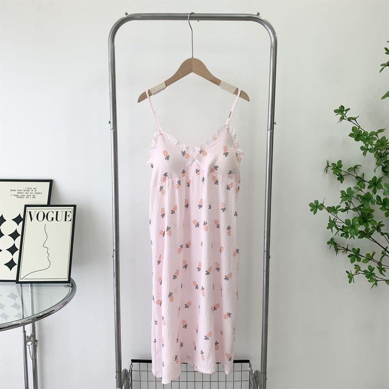 With Chest Pad Anti-exposure Nightdress Summer New Woven Foamed Cotton Suspender Dress Cute Sweet Girl Sleeveless Pajamas