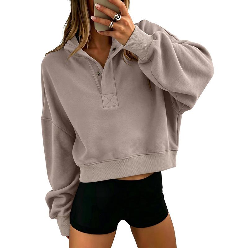 2026 Women's Loose Long-sleeved Hoodie with Half-open Collar and Buttons for Autumn and Winter - Comfortable and Casual European/American Style