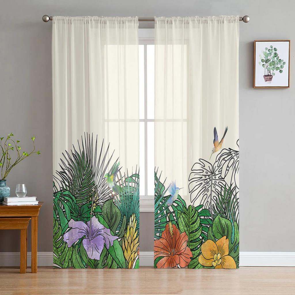 Sheer Hummingbird Pink Flower White Tulle Curtains Living Room Bedroom Decoration Transparent Chiffon Voile Window Curtain Polyester Washable Sitting