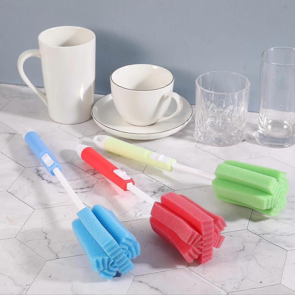 3Pcs Sponge Bottle Brushes with Adjustable Long Handle, Soft Dishwashing Foam Cleaning Brushes for Cups Mugs Kettles