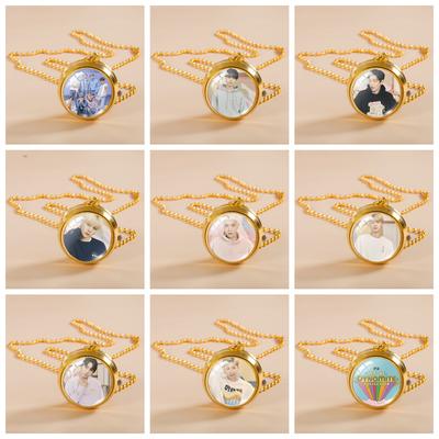 9pcs Group Photo Rotating Pocket Watch Necklace, Ball Chain Pendant, Kpop ARMY Fans Jewelry Accessory