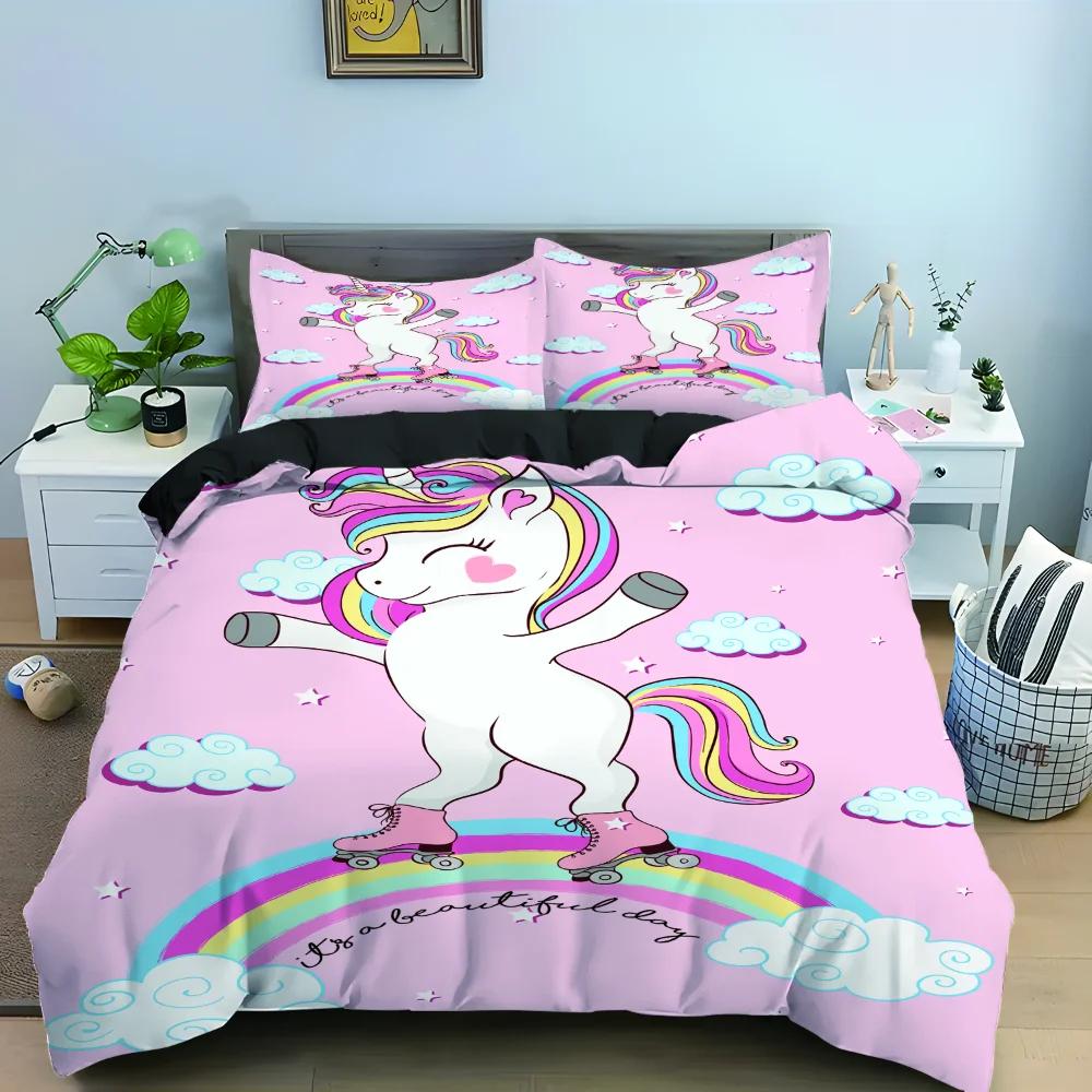 Kreskówkowy Jednorożec Różowy Król Królowa Poszewka na Kołdrę Dzieci Dziewczynki Uroczy Zwierzęcy Komplet Pościeli Tęczowa Poszewka na Kołdrę Poliestrowa Poszewka na Kołdrę
