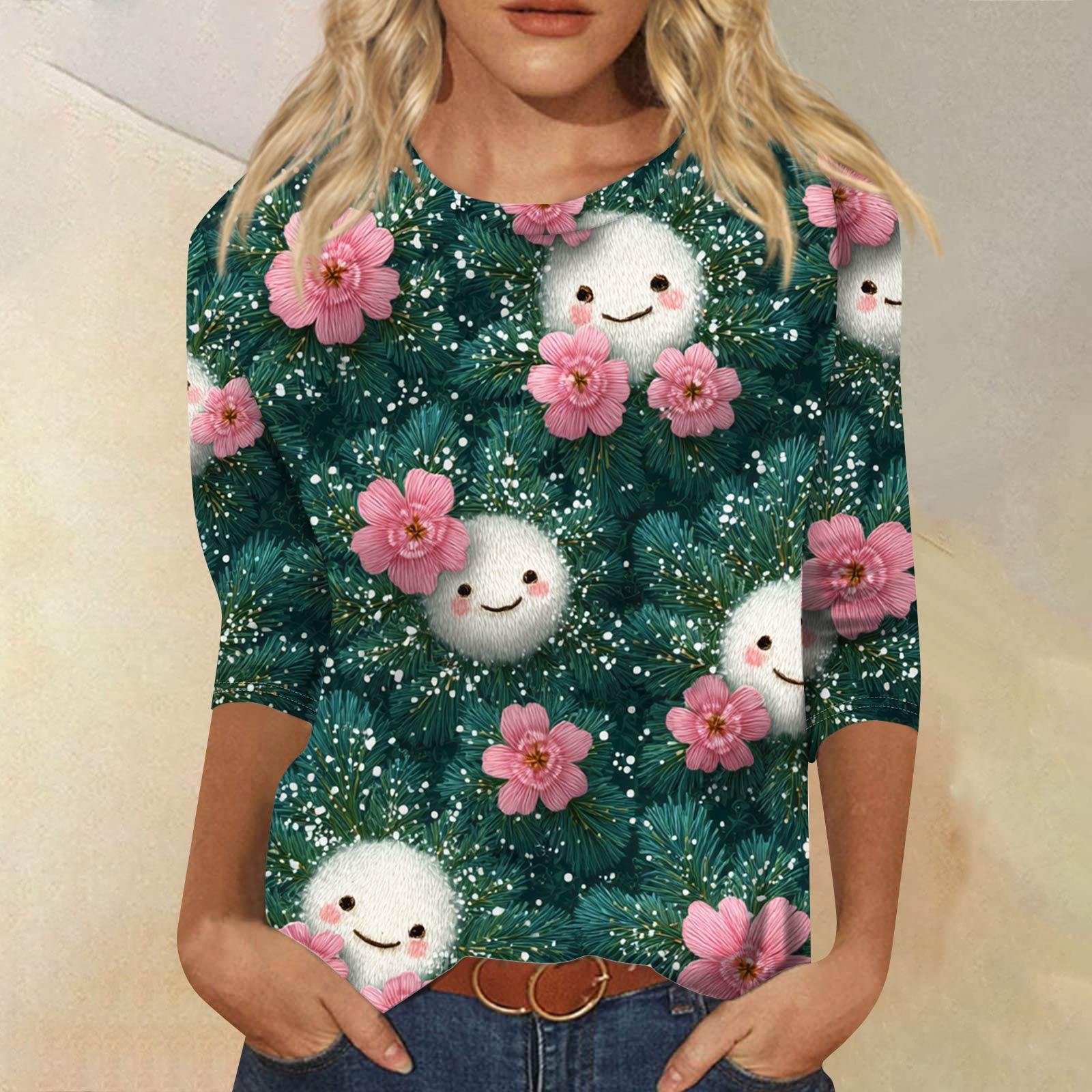 

Женская модная повседневная свободная футболка с круглым вырезом и рукавами 3/4 с принтом, женский топ S