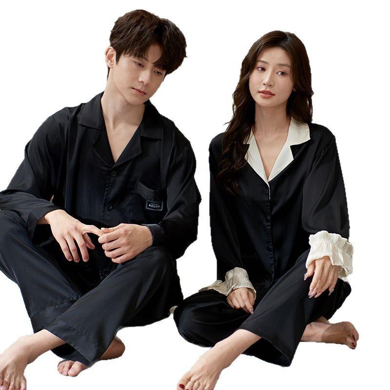 1011 Spring and Autumn Couple Pajamas Ice Silk Women's Long Sleeve Lapel Casual Thin Men's High-end Homewear Set