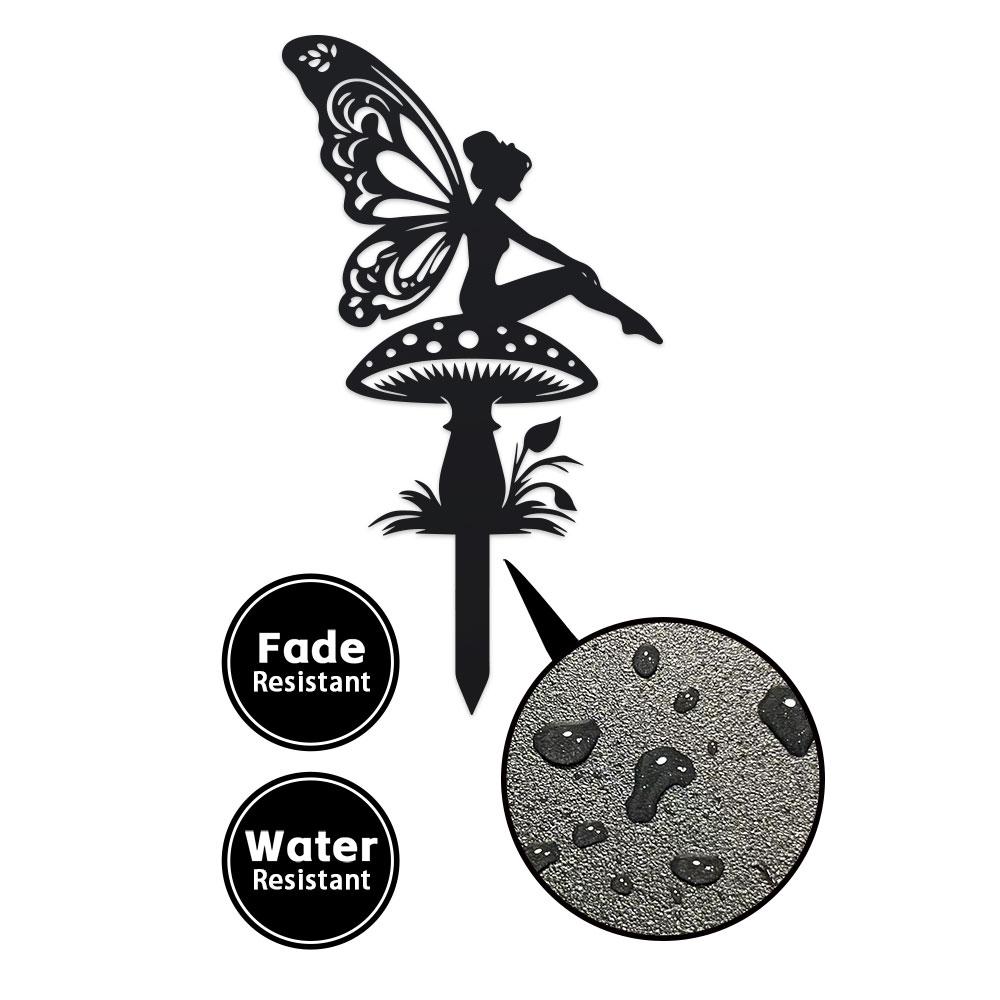 DDPNKL 1pc Art Deco Fairy on Mushroom Garden Stake, Metal Silhouette Decor, Floor Mount, Fairy Tale Theme, Flower Pot Decoration