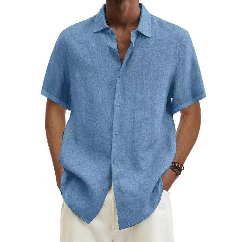 Popular Summer V-neck Button Cotton and Linen Solid Color Men's Trendy Shirt Men's Shirt