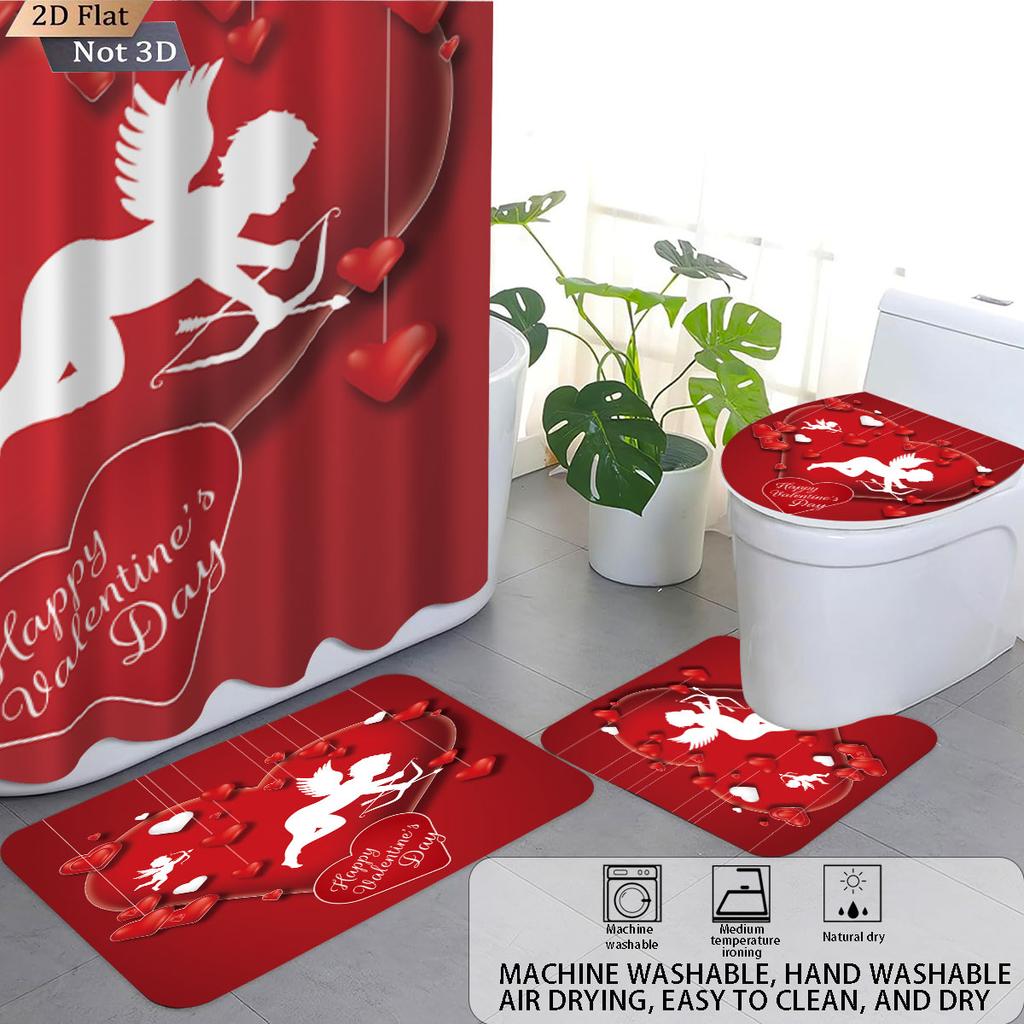 4pcs Valentine's Day Romantic Rose Flower Printed Bathroom Set Waterproof Shower Curtain Floor Mat Toilet Mat U-Shaped Mat
