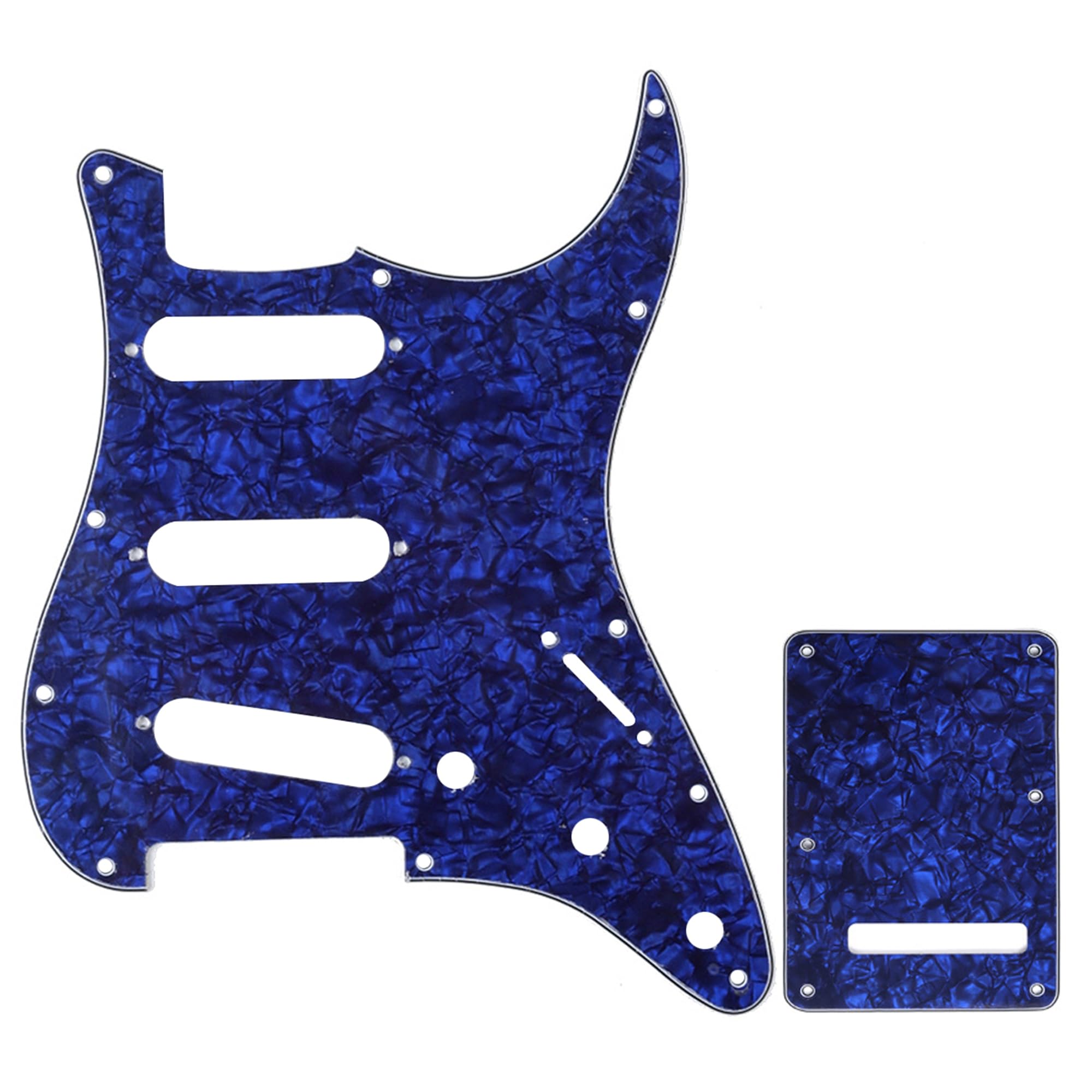 

Musiclily SSS Stratocaster комплект пикгарда и задней пластины для стандартной электрогитары Stratocaster, изготовлено в цвете Blue Pearl, США/Мексика, 4 слоя