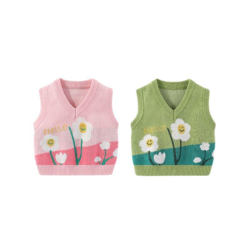 Children's Clothing Spring and Autumn Kids Flower Jacquard Vest Girl's Waistcoat V-neck Sweater Female Baby Girl Pullover Sweater
