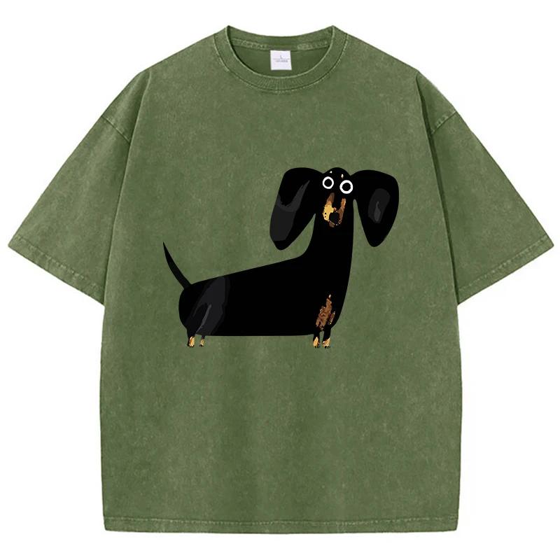 Funny Dachshund Dog Printing Washed T-Shirt Women Cotton T Shirts O-Neck Oversized Acid Wash Tops Summer Clothes