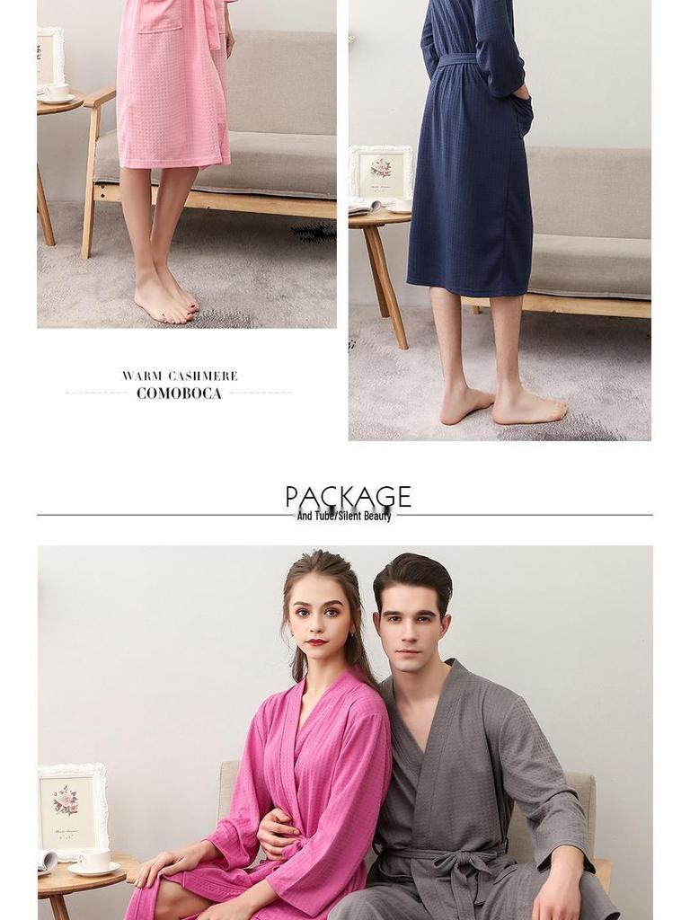 Waffle Pattern Bathrobe Couple Pajamas, Unisex Summer Three-Quarter Sleeve, Korean Style, Polyester & Absorbent.