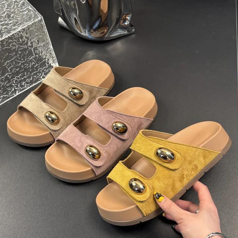 Mode Doppel Schnallen Design Mittelhohe Absatz Pantoletten Damen Lässig Flock Flache Plateau Sandale Weiblich Sommer 2025 Oberbekleidung Rutschfeste Pantoletten Mujer