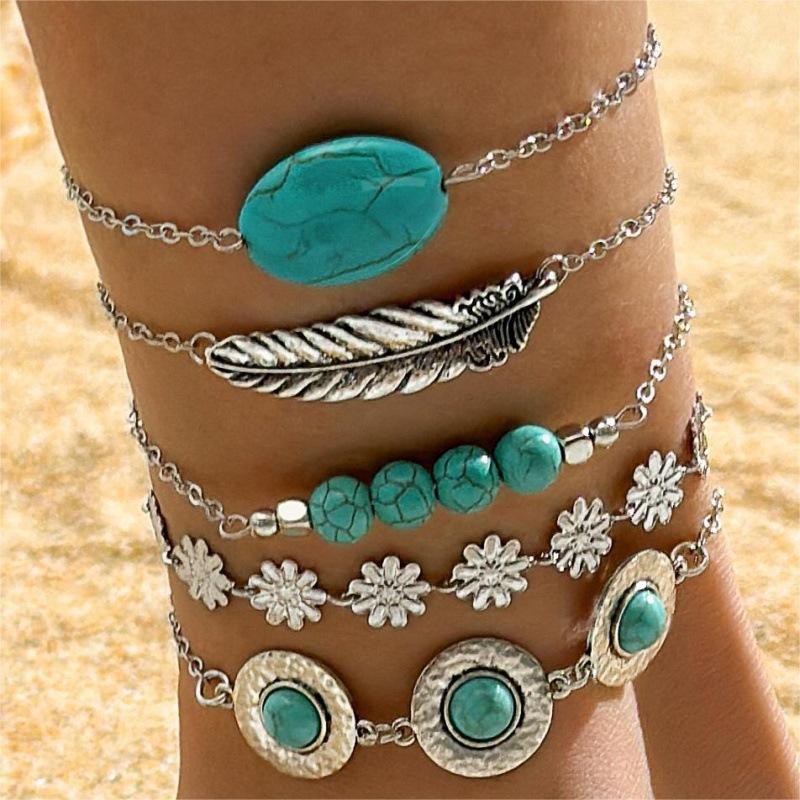 Bohemian Turquoise Leaf Bracelet, Ethnic Bow Flower Turquoise Bracelet Set