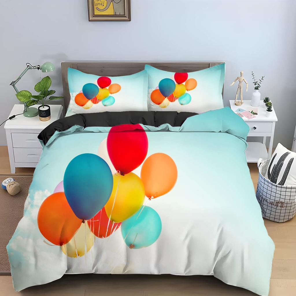 Watercolor Duvet Cover Hand Painted Style Floating Hot Air Balloons Clouds Print Decorative Bedding Set Blue Pink Coral Children