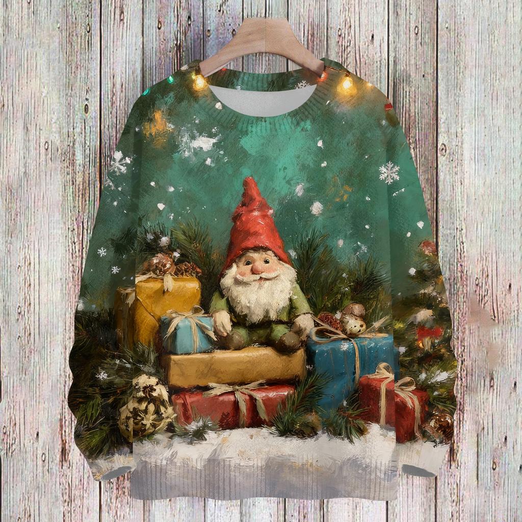 Ladies' Fashionable And Casual Christmas Cute Printed Round Neck Long Sleeved Knitted Yarn