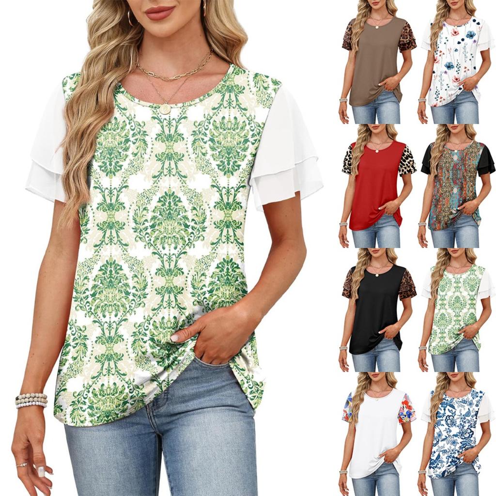 Women's Spring Summer New Crew Neck Printed Colorblock Double Layer Short Sleeve T-shirt Top For Leisure Leisure Trade