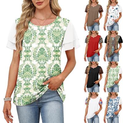 Women's  Spring Summer New Crew Neck Printed Colorblock Double Layer Short Sleeve T-shirt Top For Leisure Leisure Trade