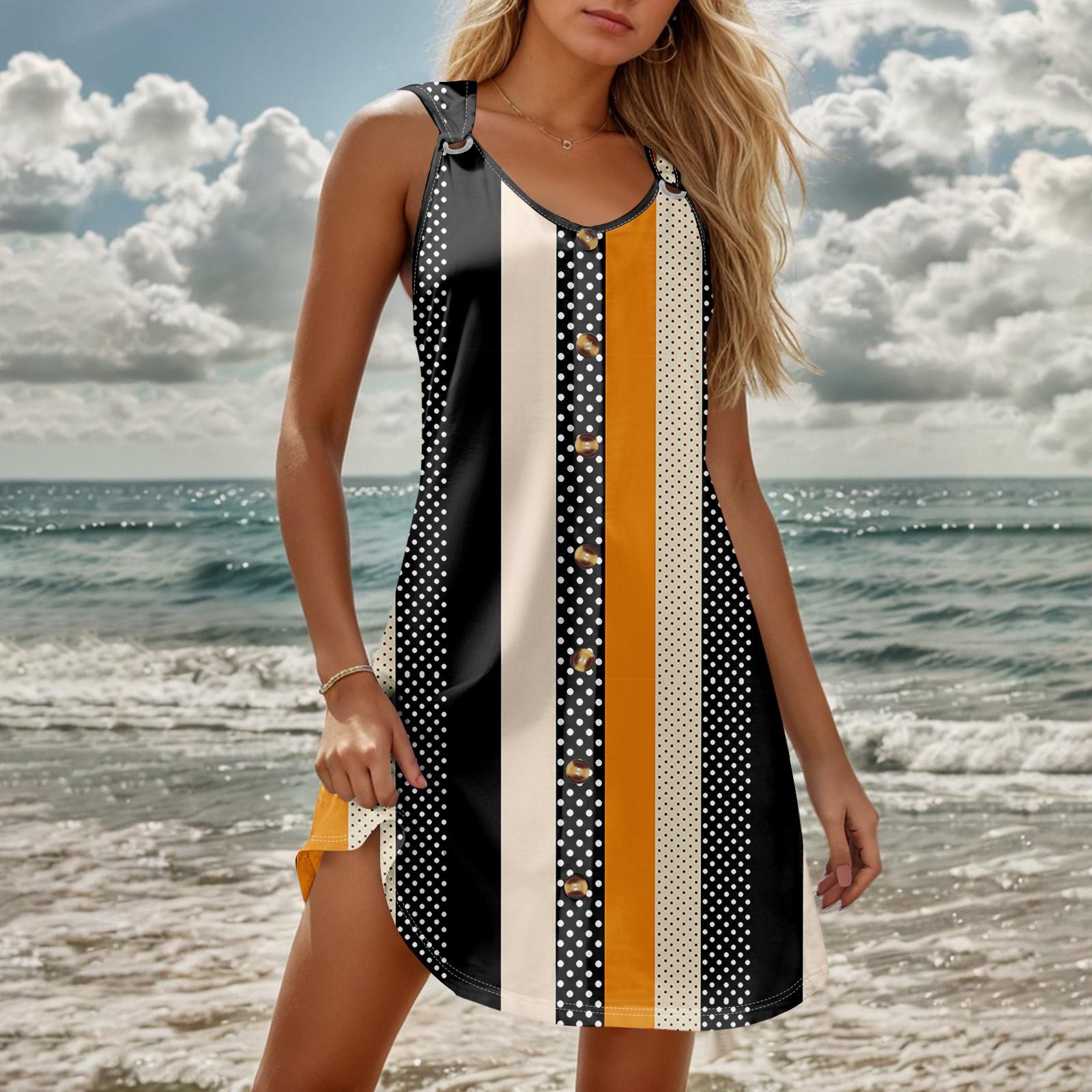 

Летние платья для женщин Пляжные бохо без рукавов с принтом Футболки-майки Сарафаны L оранжевый