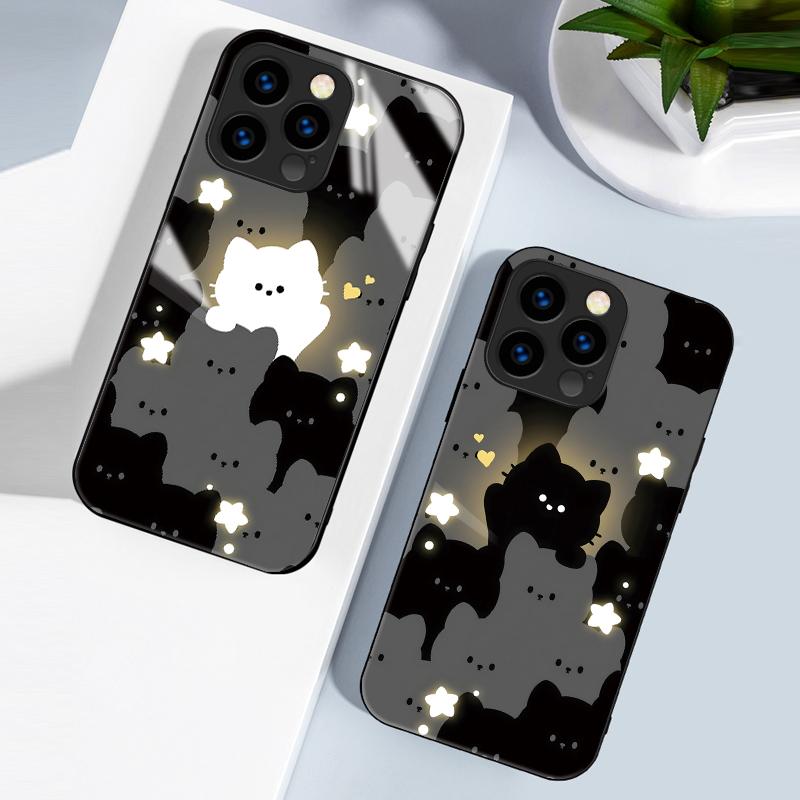 Tempered Glass Casing Cute Cartoon Cats Printed Protective TPU Cover Soft Case Shell for iPhone Samsung