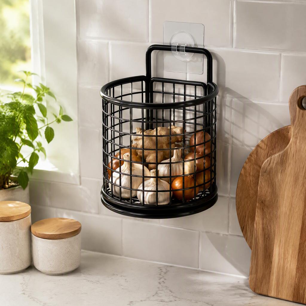 Portable Adhesive Hook Wall Basket Metal Mesh Kitchen Organizer No Drill Hanging Garlic Onion Storage Rack