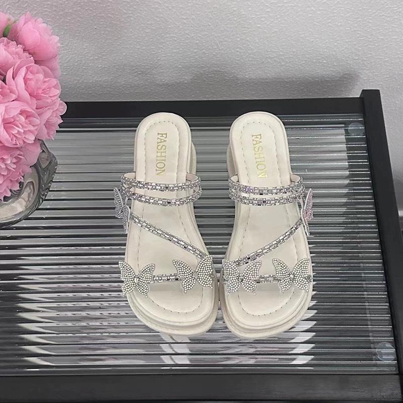 

Крутые шлепанцы на толстой подошве с бантом из стразов, женские, лето 2025, новая уличная мода, универсальные, на танкетке, на платформе, шлепанцы на перемычке 35 бежевый
