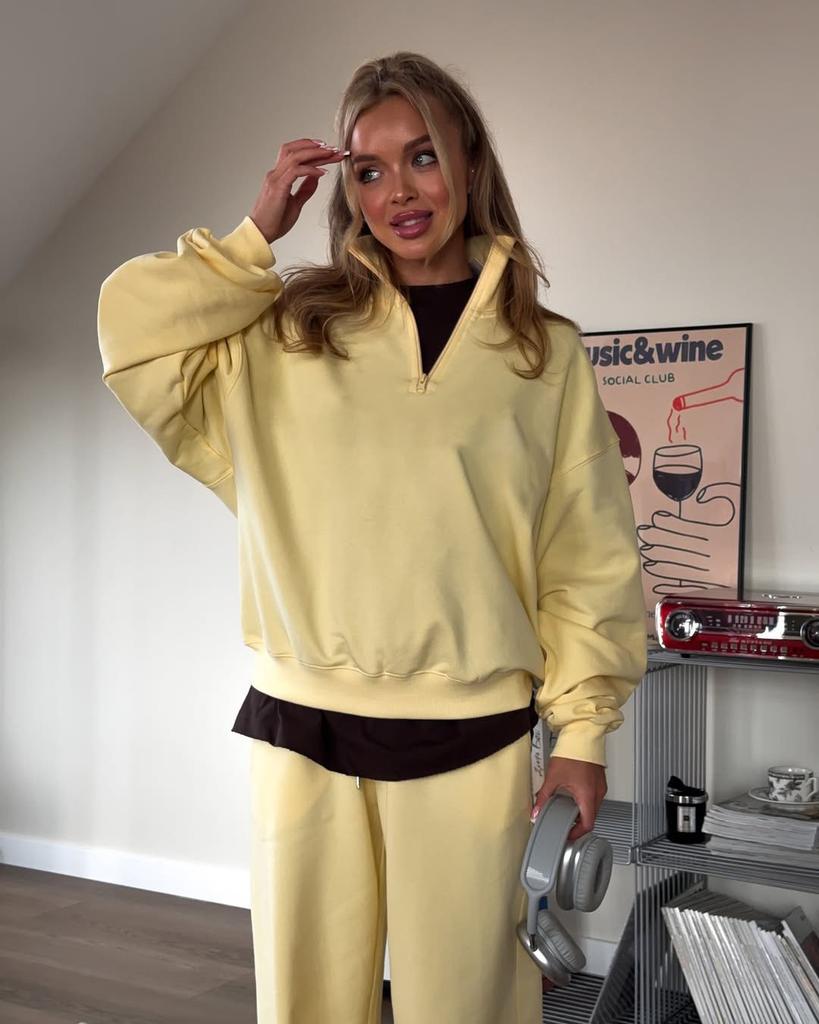 Damen Leuchtgelbes Kapuzenpullover und Jogginghosen Set mit Kordelzug Lässiger Streetwear Zweiteiler