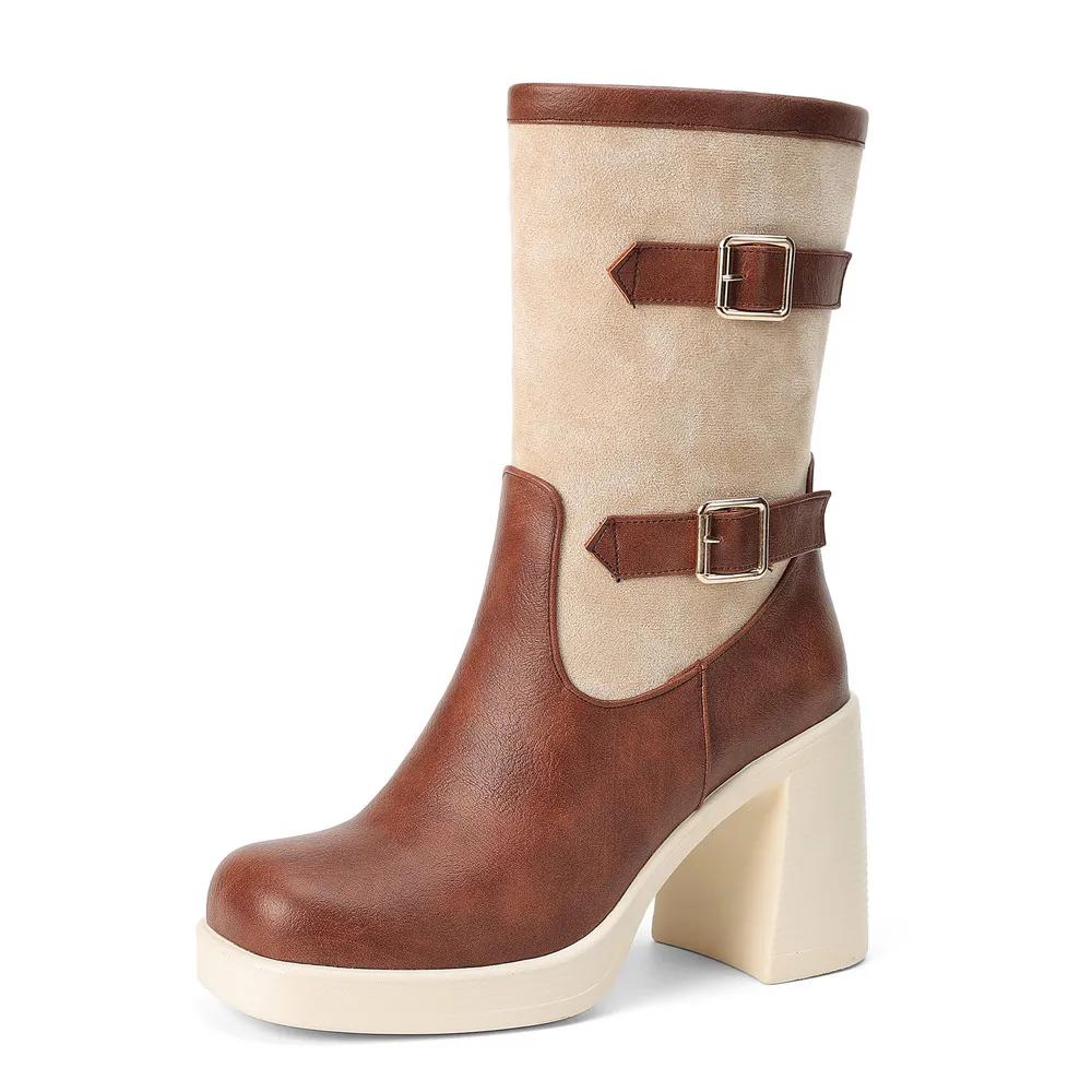 Autumn Winter Ladies Motorcycle Booties Black Gothic Style Buckle  Cool Punk Mid-Calf Boots Comfy Platform Hight Heels Shoe