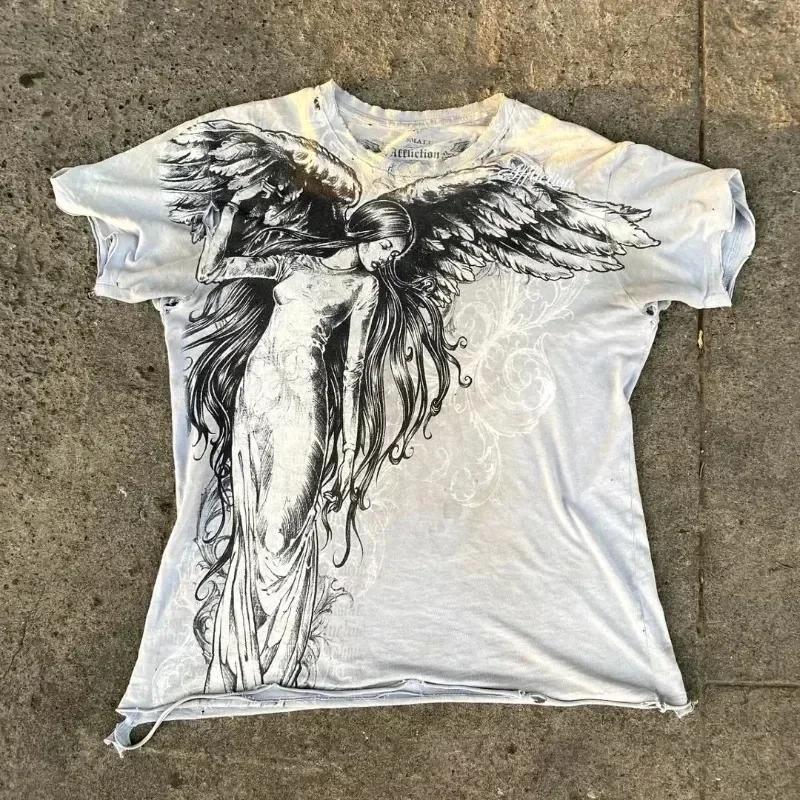 2000er Neues amerikanisches Retro lässiges HipHop Gothic Print Damenbekleidung Mode T-Shirt Street Kurzarm Damen und Herren y2K Tops