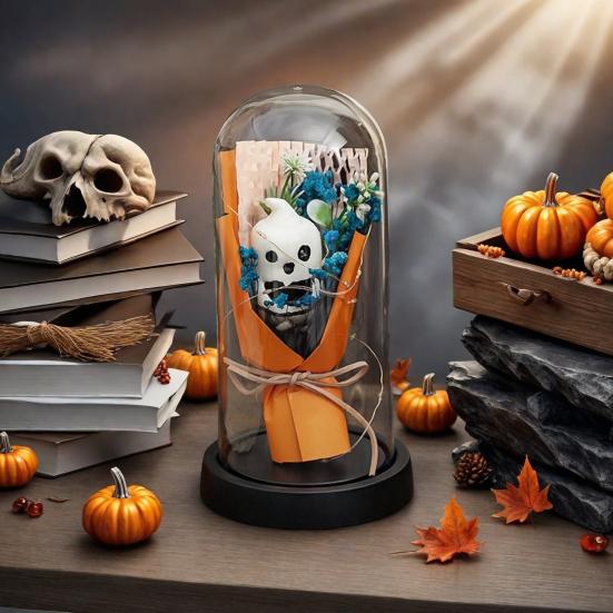 LED Clear Dome Pumpkin Night Light Halloween Light-up Pumpkin In Cloche with Artificial Flower for Home Kitchen Mantel Party Decor