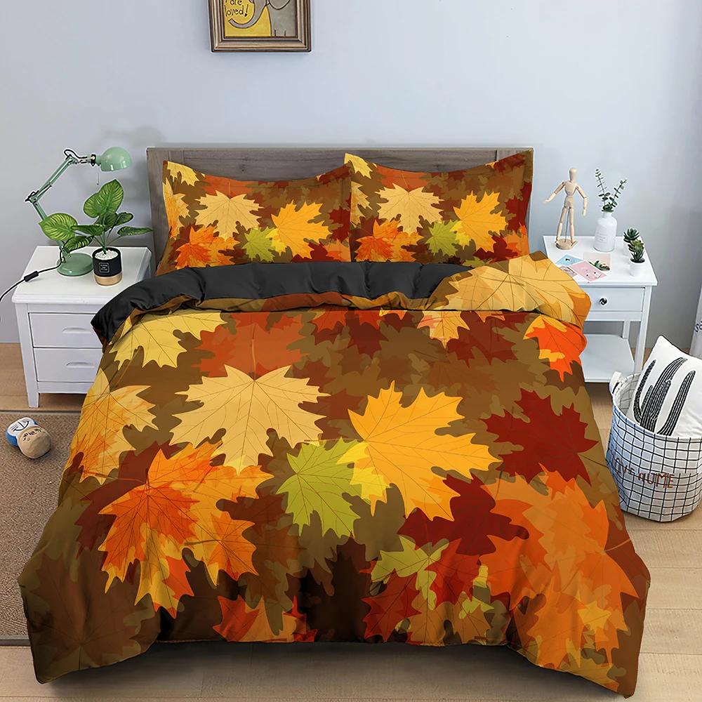 Fall Duvet Cover Seasonal Maple Tree Leaves Botanical Foliage Vibrant Floral Forest Image Decorative 3 Piece Bedding for Women